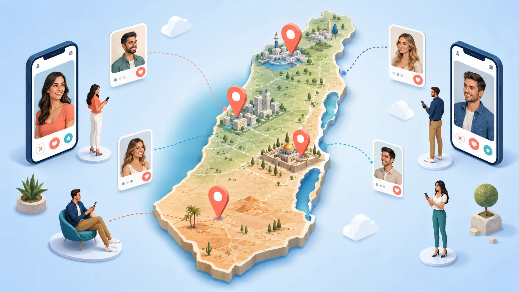 מפת ישראל עם פרופילים והכרויות לפי אזור